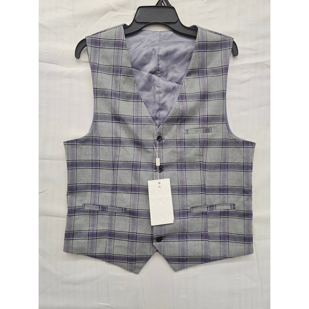 Mogu Mens Plaid Suit Vest Grey Purple Check Waistcoat 3XL 56 New